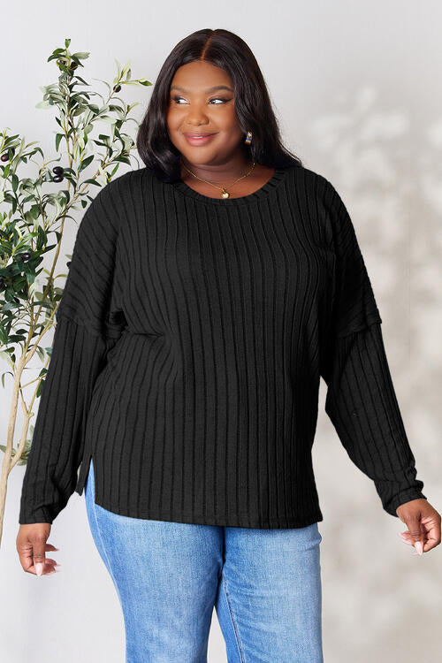 Basic Bae Full Size Ribbed Round Neck Slit Long Sleeve T-Shirt *