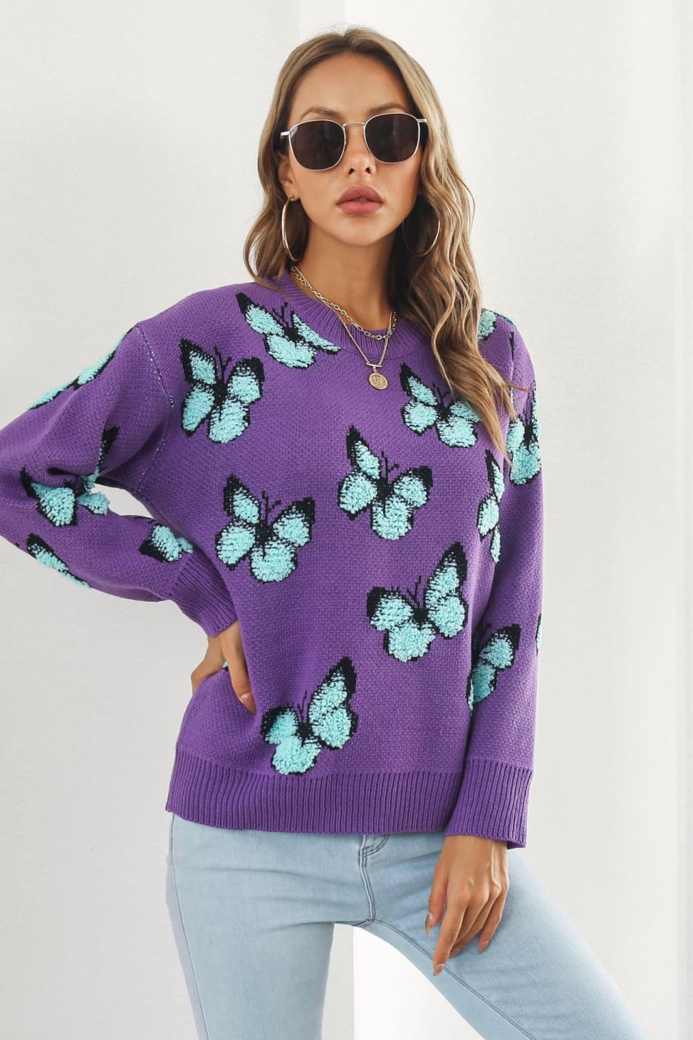 TrendiStyles Butterfly Pattern Round Neck Dropped Shoulder Sweater 🦋