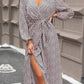 Slit Printed Surplice Balloon Sleeve Dress