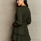 Army Green Leopard Smock Waist Long Sleeve Dress
