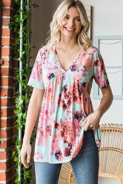 Heimish Full Size Floral V-Neck Short Sleeve Babydoll Blouse *