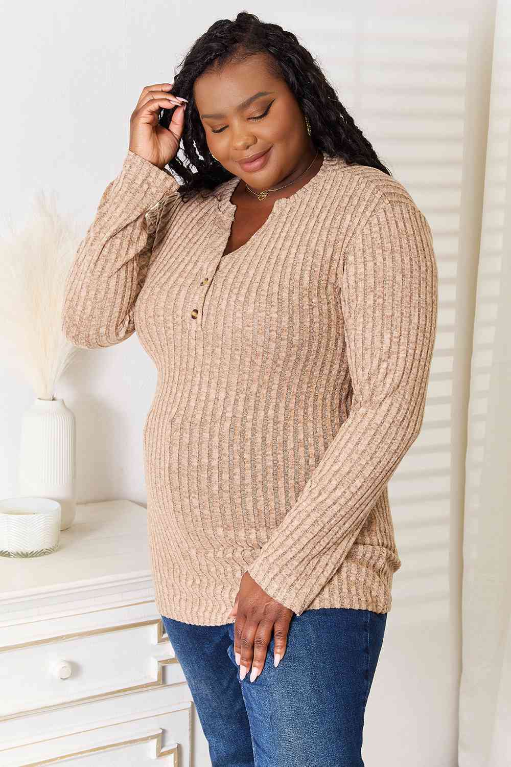 Double Take Notched Neck Ribbed Long Sleeve T-Shirt *