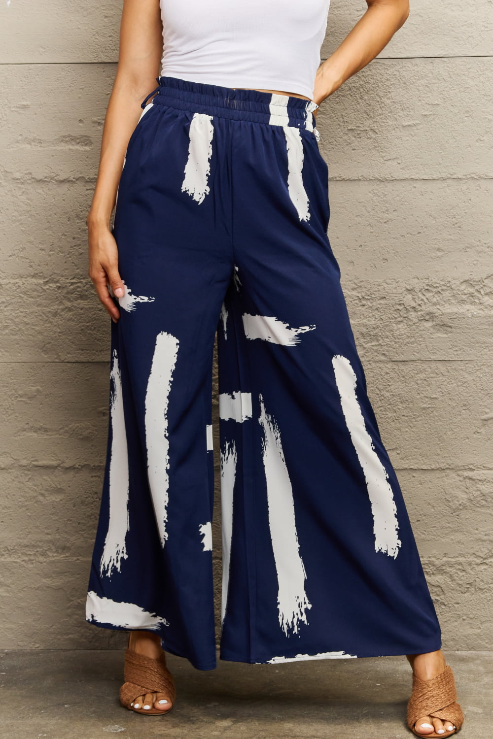 Navy Blue Printed Wide Leg Long Pants