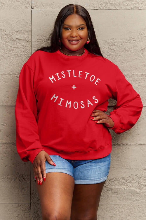 Simply Love Full Size Christmas Themed MISTLETOE MIMOSAS Long Sleeve Scarlet Red Sweatshirt