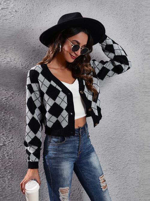 Fashion Mood Geometric Button Up Long Sleeve Cardigan