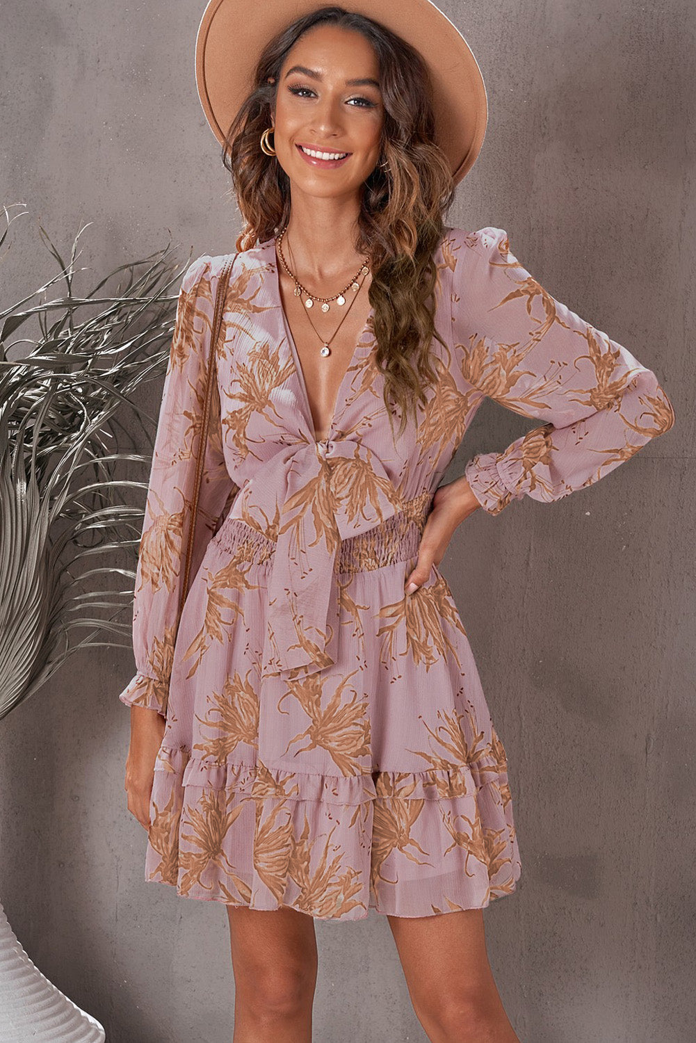 Women's Floral Deep V Flounce Sleeve Mini Dress