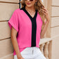 Contrast Johnny Collar Short Sleeve Blouse