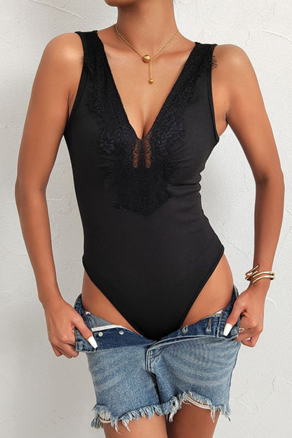 SEASIDE Spliced Lace Deep V Sleeveless Bodysuit