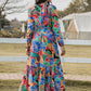 Printed Smocked Tie Neck Balloon Sleeve Maxi Dress