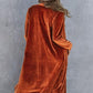 Caramel Brown Collared Neck Longline Velvet Cardigan with Pockets