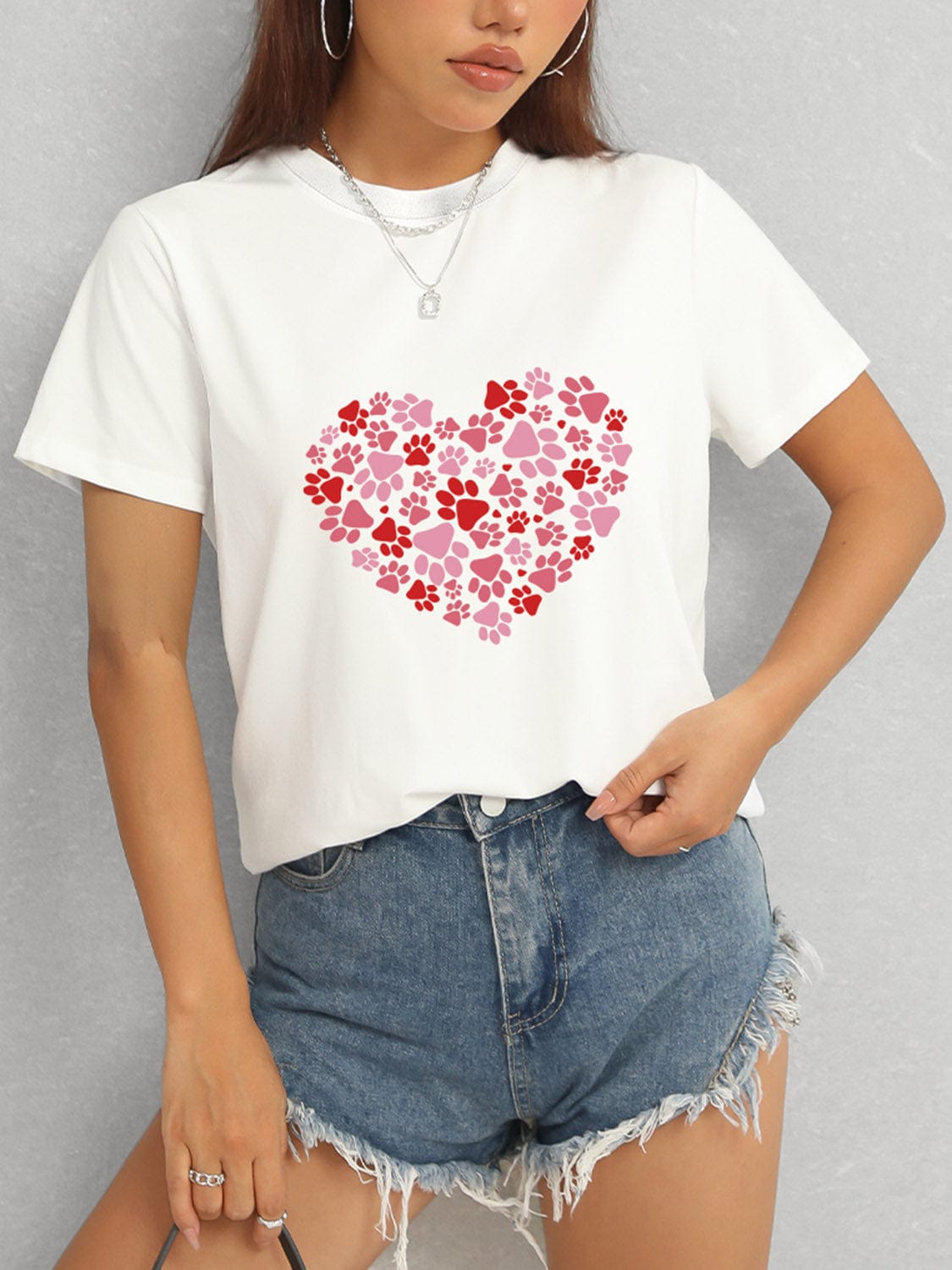 Heart Round Neck Short Sleeve T-Shirt