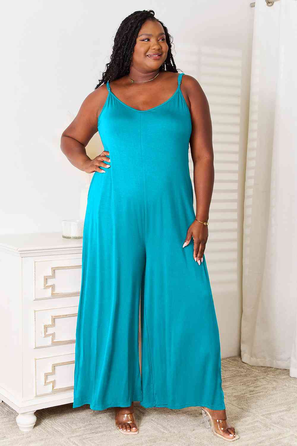 Double Take Full Size Soft Rayon Spaghetti Strap Tied Wide Leg Jumpsuit *