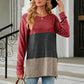Full Size Color Block Round Neck Long Sleeve Slit T-Shirt