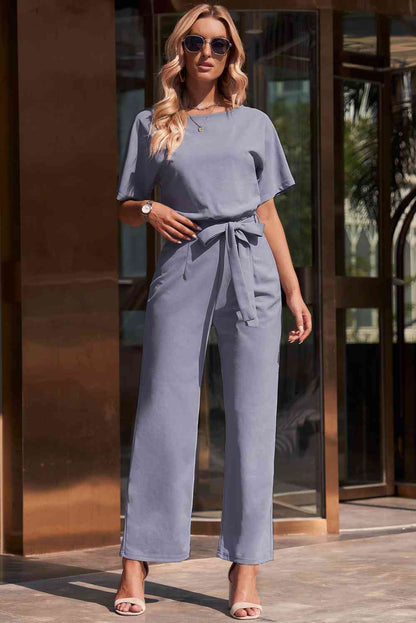 Full Size NatureJumpers Tie Waist Straight Leg Jumpsuit
