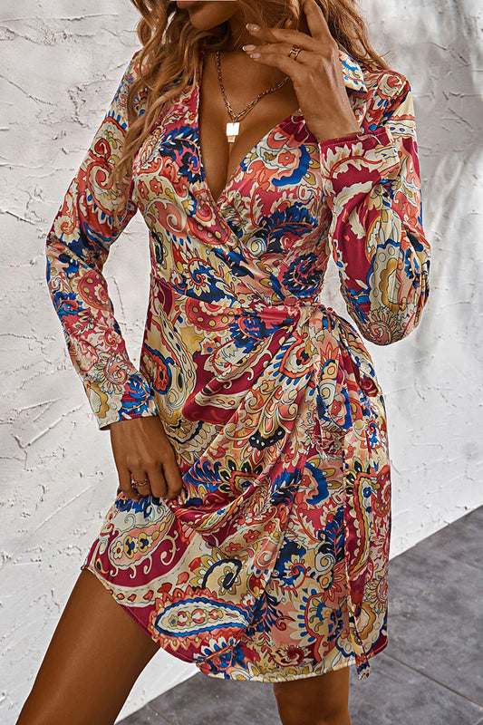 SOChic Printed Surplice Neck Long Sleeve Mini Dress