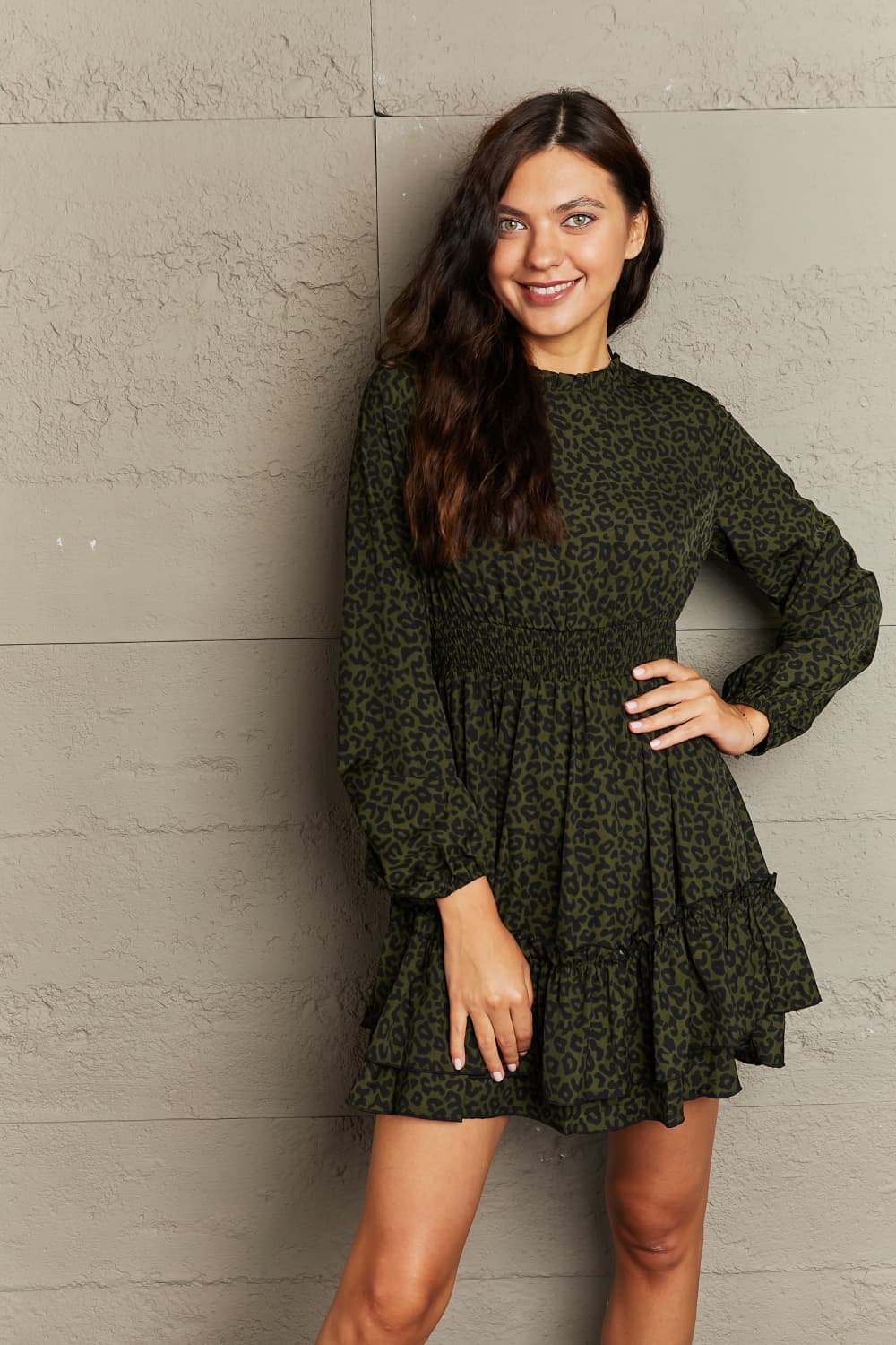 Army Green Leopard Smock Waist Long Sleeve Dress
