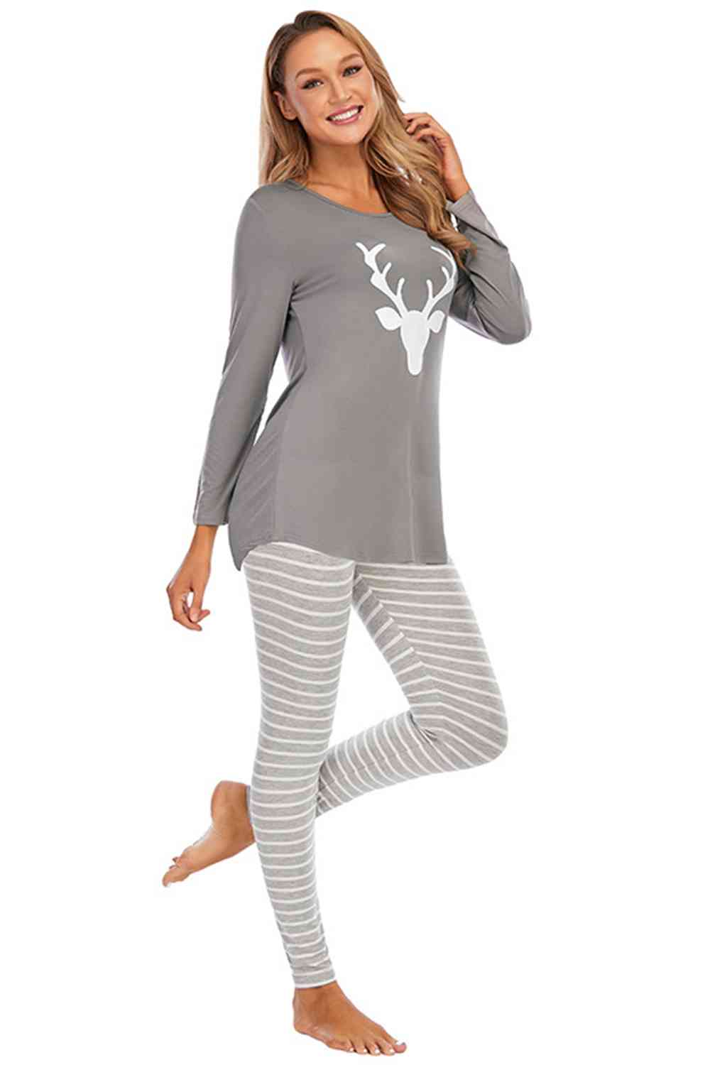 DEER Graphic Round Neck Top and Striped Pants Set