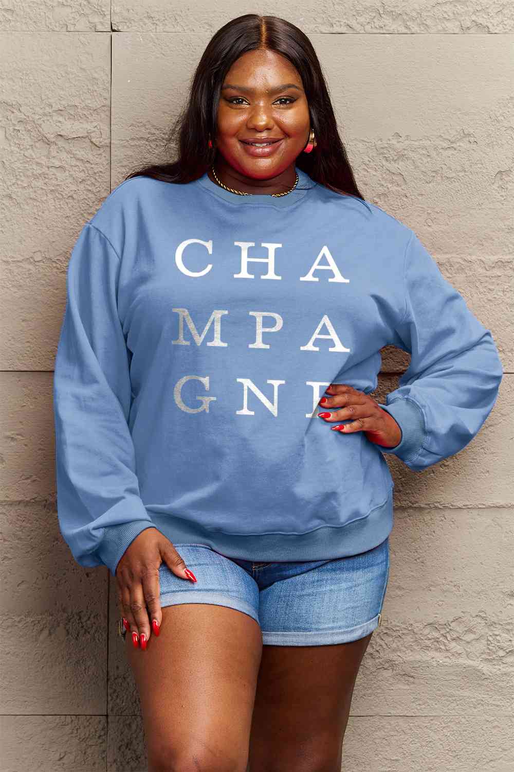 Simply Love Full Size CHAMPAGNE Graphic Long Sleeve Sweatshirt