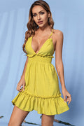 Double Crazy Women's Frill Trim Smocked Waist Crisscross Plunge Dress *