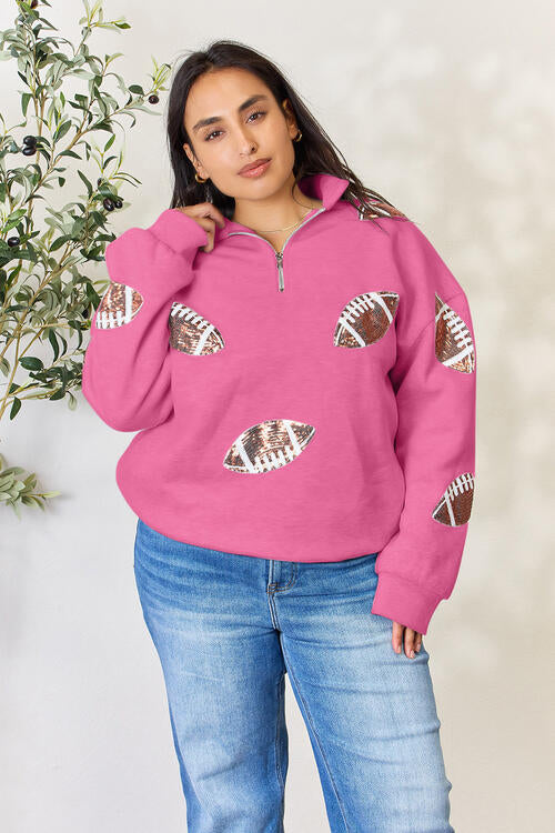 Double Take Full Size Sequin Football Half Zip Long Sleeve Sweatshirt