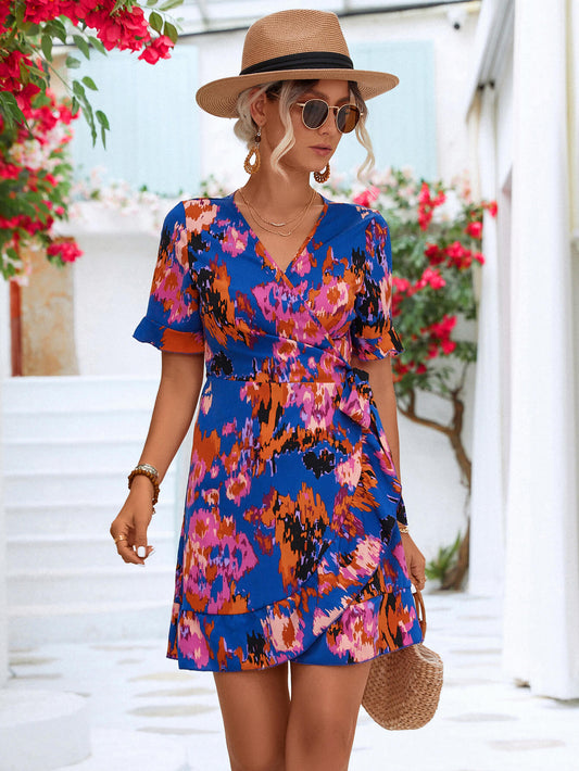 Women's Printed Flounce Sleeve Tied Dress