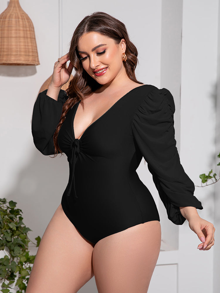 OCEANWAVES Women's Plus Size Tied Deep V Balloon Sleeve One-Piece Swimsuit