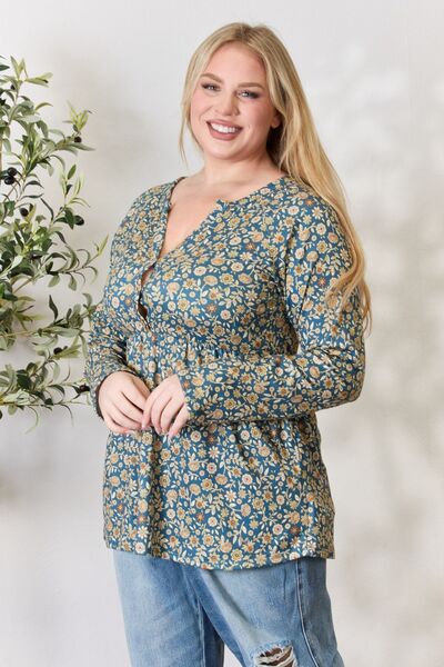 Heimish Full Size Floral Half Button Long Sleeve Blouse *