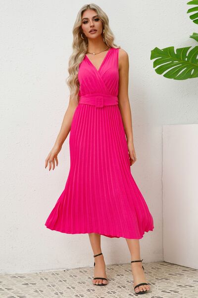 Surplice Sleeveless Midi Pleated Dress