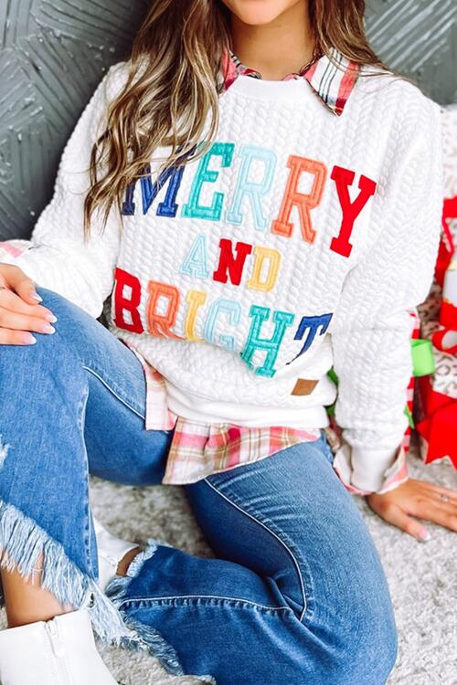 Christmas Themed MERRY AND BRIGHT Cable Knit Pullover Sweatshirt