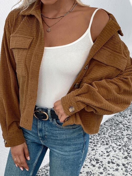 Love Cozy Stuff Collared Neck Button Front Camel Brown Jacket with Pockets