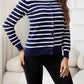 AuroraBlissX Striped Round Neck Long Sleeve Buttoned Knit Top