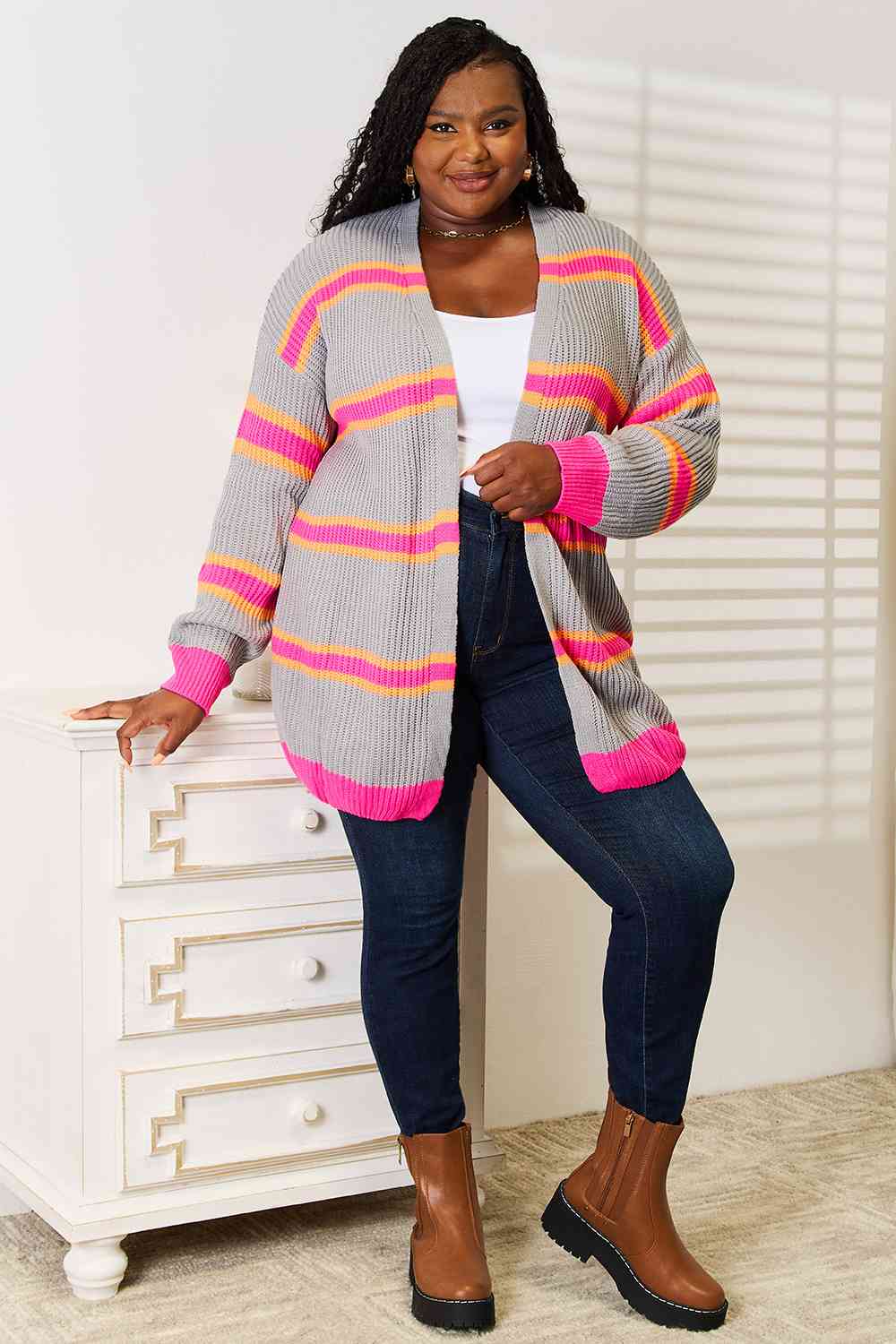 Woven Right Ribbed Long Sleeve Cardigan *