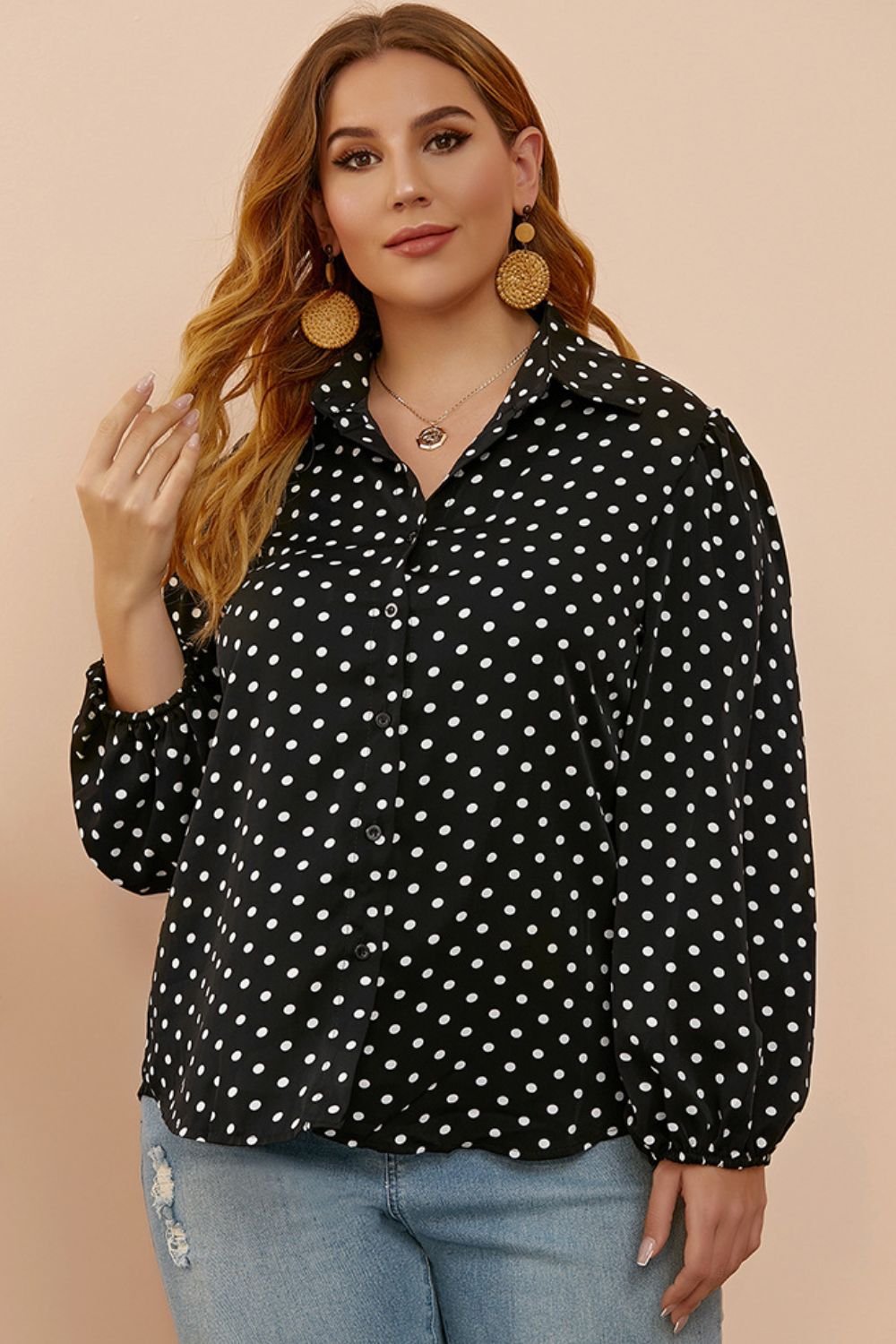 Women's Plus Size Polka Dot Balloon Sleeve Shirt