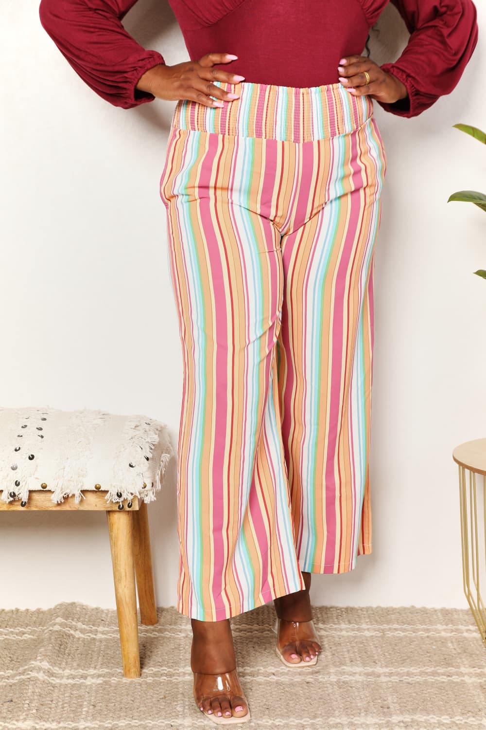 Double Take Striped Smocked Waist Pants with Pockets *