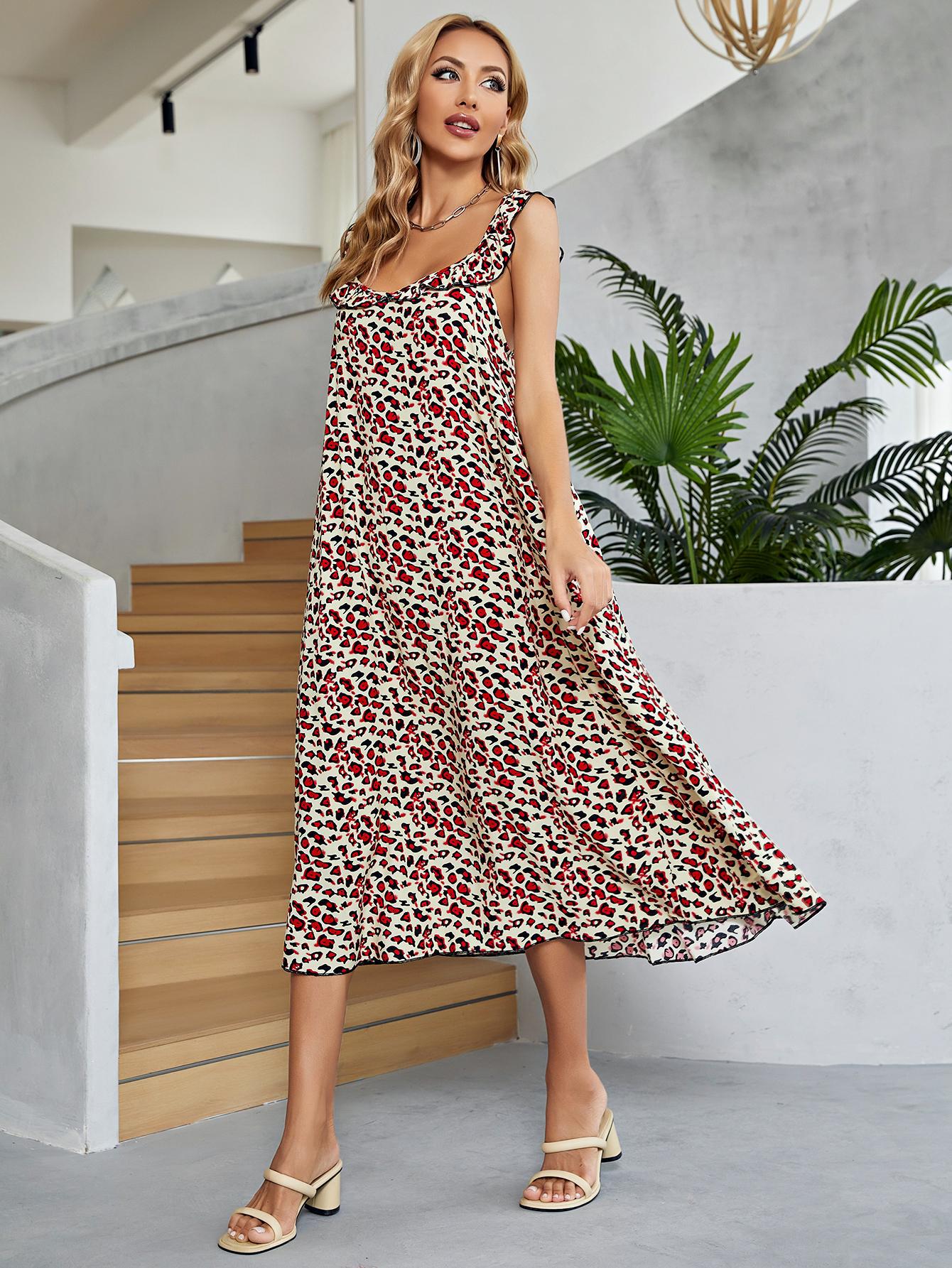 BAYSIDE Printed Ruffled Sleeveless Midi Dress