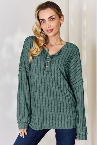 Basic Bae Full Size Ribbed Half Button Long Sleeve T-Shirt *