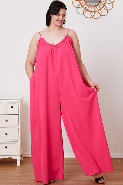 Double Take Full Size Ruffle Trim Tie Back Cami Jumpsuit with Pockets *