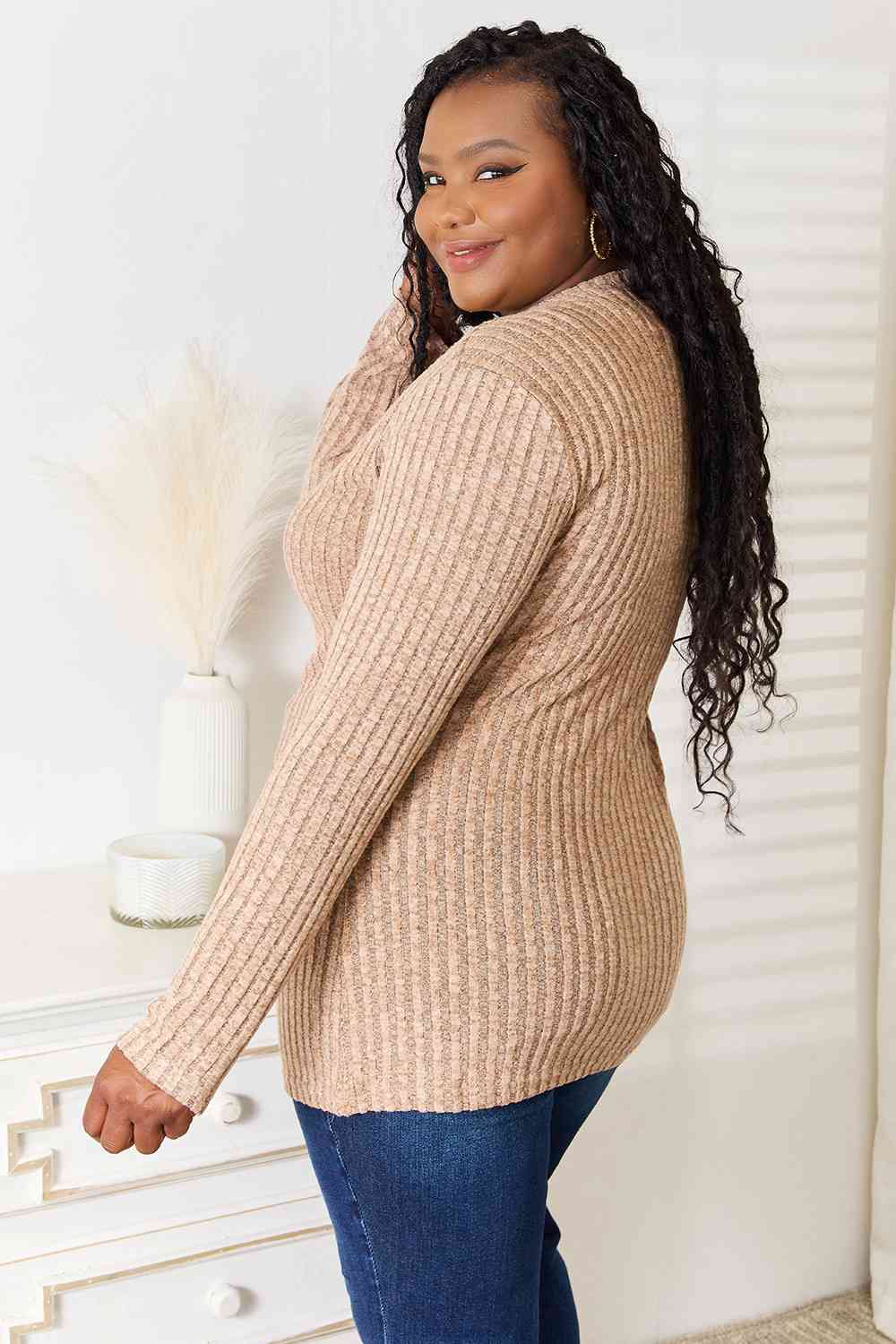 Double Take Notched Neck Ribbed Long Sleeve T-Shirt *