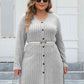 Plus Size Ribbed Buttoned V-Neck Long Sleeve Dress
