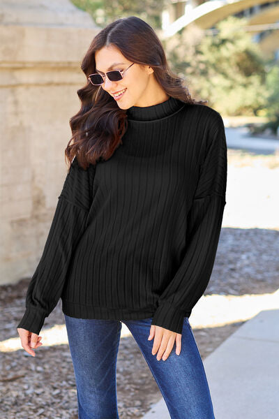 Basic Bae Full Size Ribbed Exposed Seam Mock Neck Knit Top *