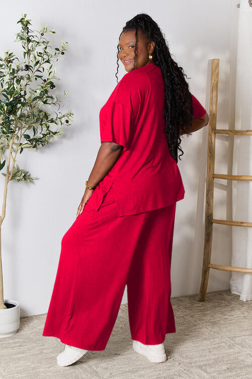 Double Take Full Size Round Neck Slit Top and Pants Set *