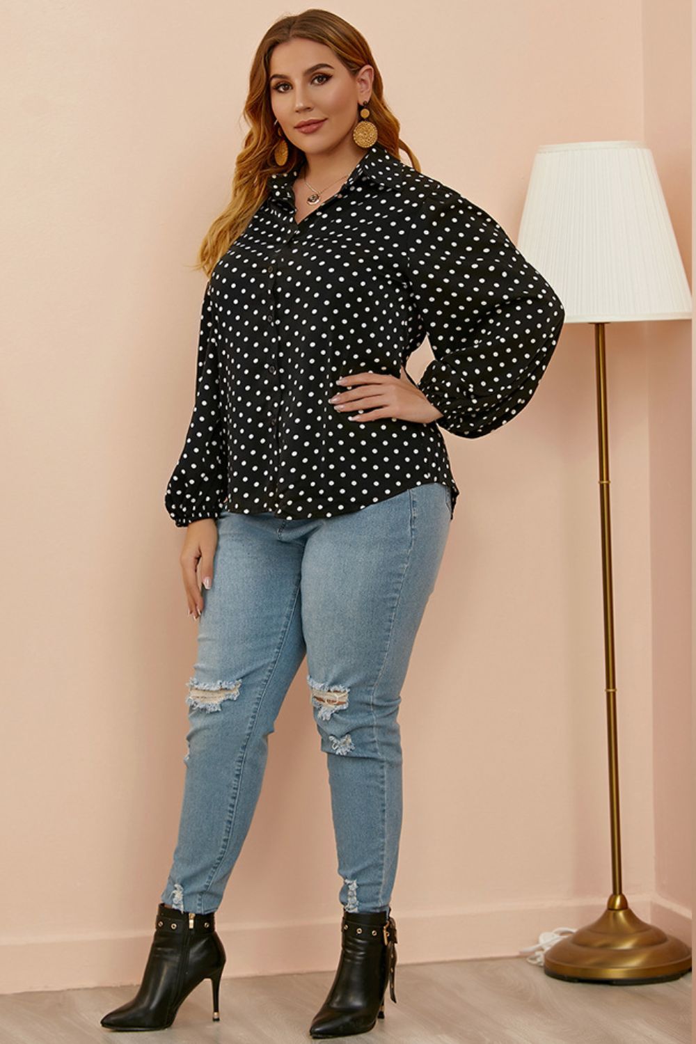 Women's Plus Size Polka Dot Balloon Sleeve Shirt