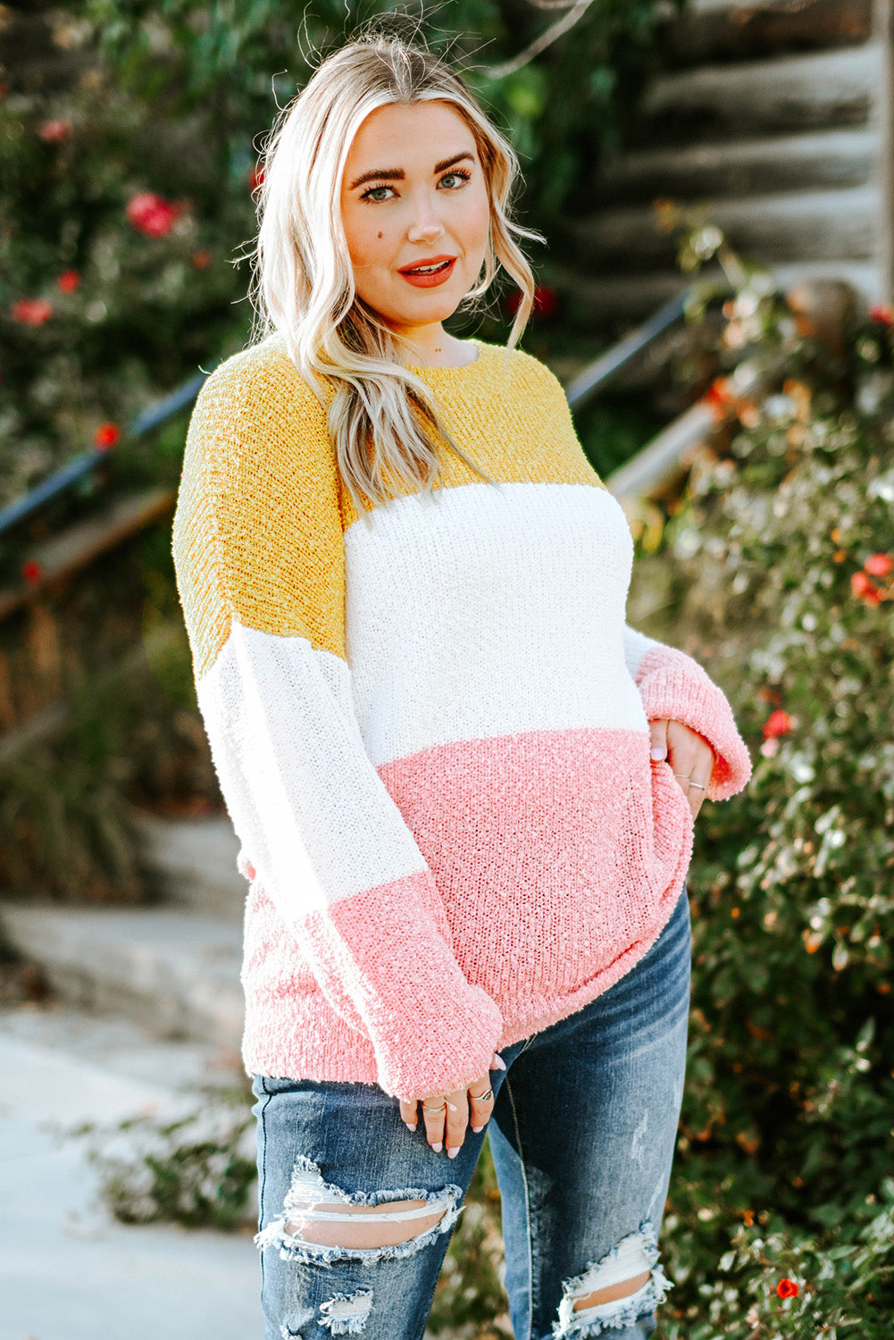 Sunny Yellows Plus Size Color Block Round Neck Sweater 🦋