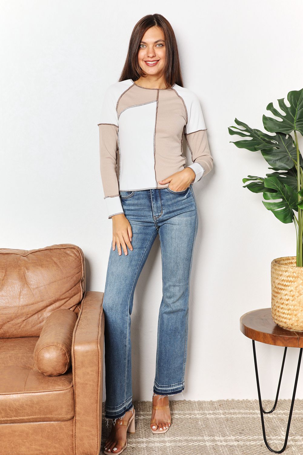 Double Take Khaki Color Block Exposed Seam Top *