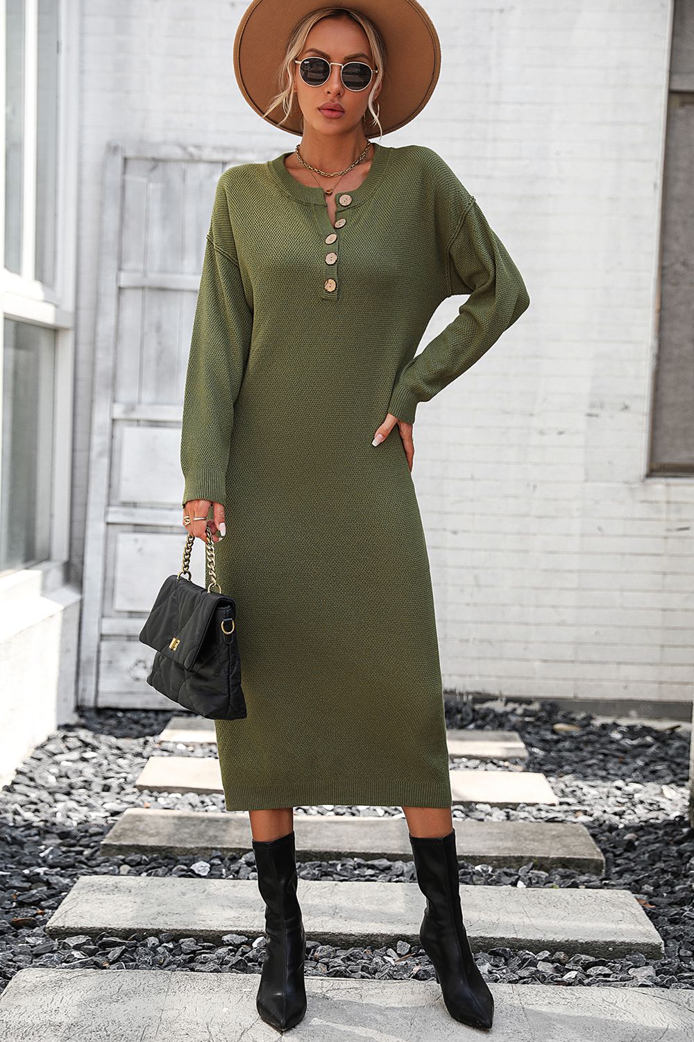 IdeationJovial Notched Neck Dropped Shoulder Button-Down Midi Dress