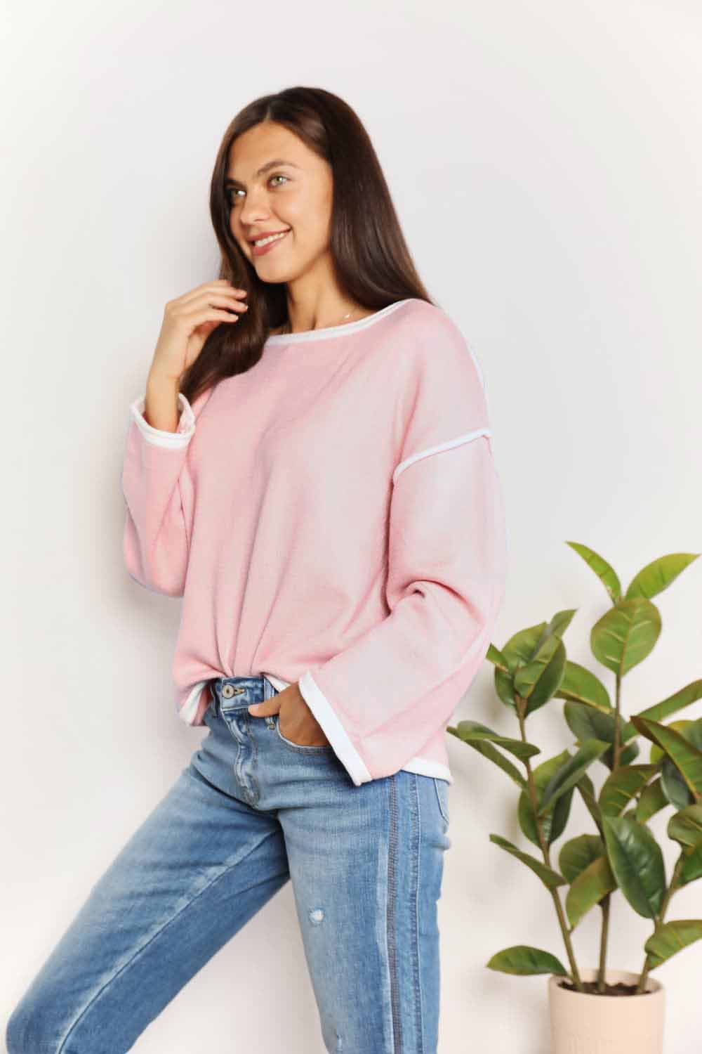 Double Take Blush Pink Contrast Detail Dropped Shoulder Knit Top