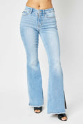 Judy Blue Full Size Mid Rise Raw Hem Slit Flare Jeans *