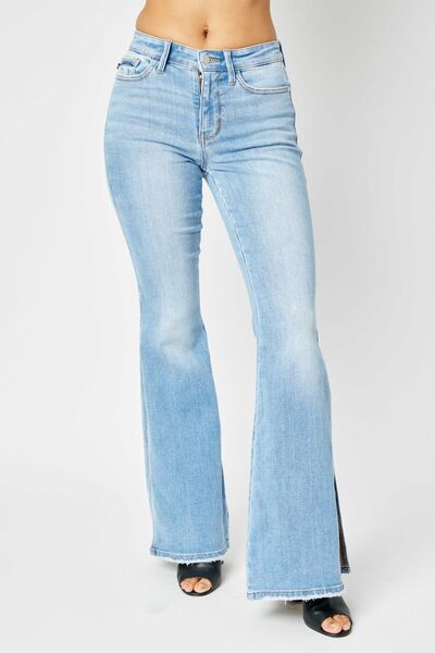 Judy Blue Full Size Mid Rise Raw Hem Slit Flare Jeans *