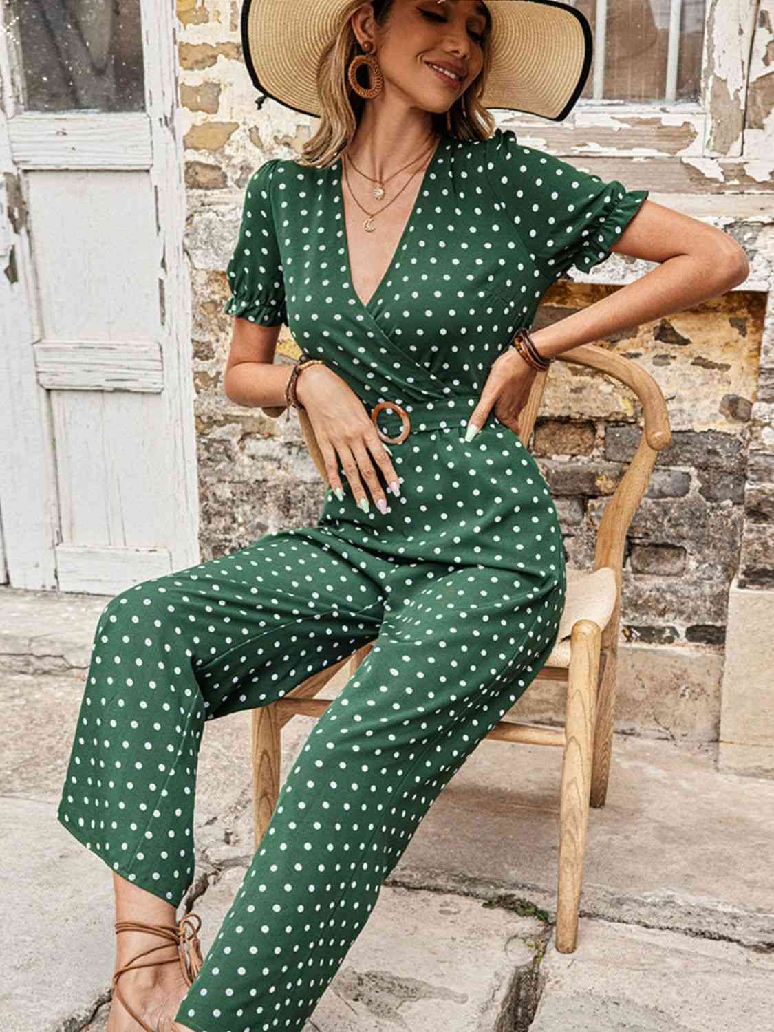 BeautifyJumpers Polka Dot Belted Flounce Sleeve Jumpsuit with Pockets