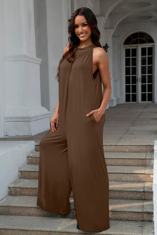 Double Take Full Size Tie Back Cutout Sleeveless Jumpsuit *